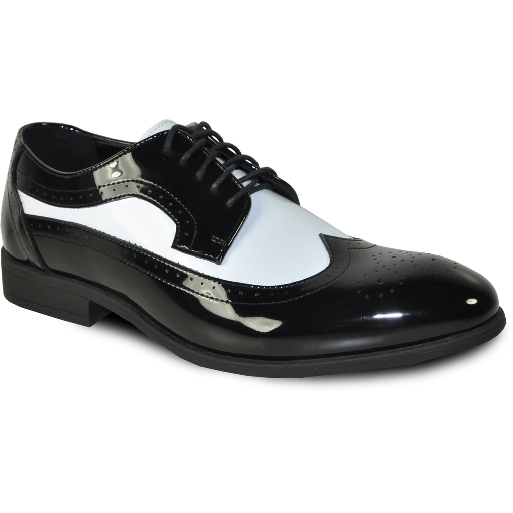 VANGELO Men Dress Shoe TAB-3 Oxford Formal Tuxedo for Prom & Wedding Shoe Black/White Patent Two Tone - Wide Width Available